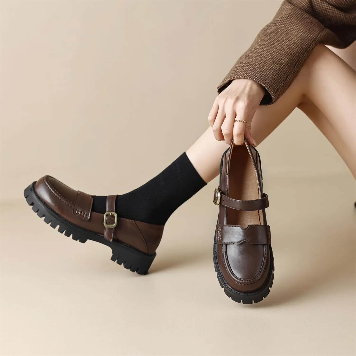 Women's Platform Round Closed Toe Pump Loafers Adjustable Buckle Comfortable Chunky Mid Heel Office Work Casual Fashion Business Dress Shoes All Weather Daily Wear Flats