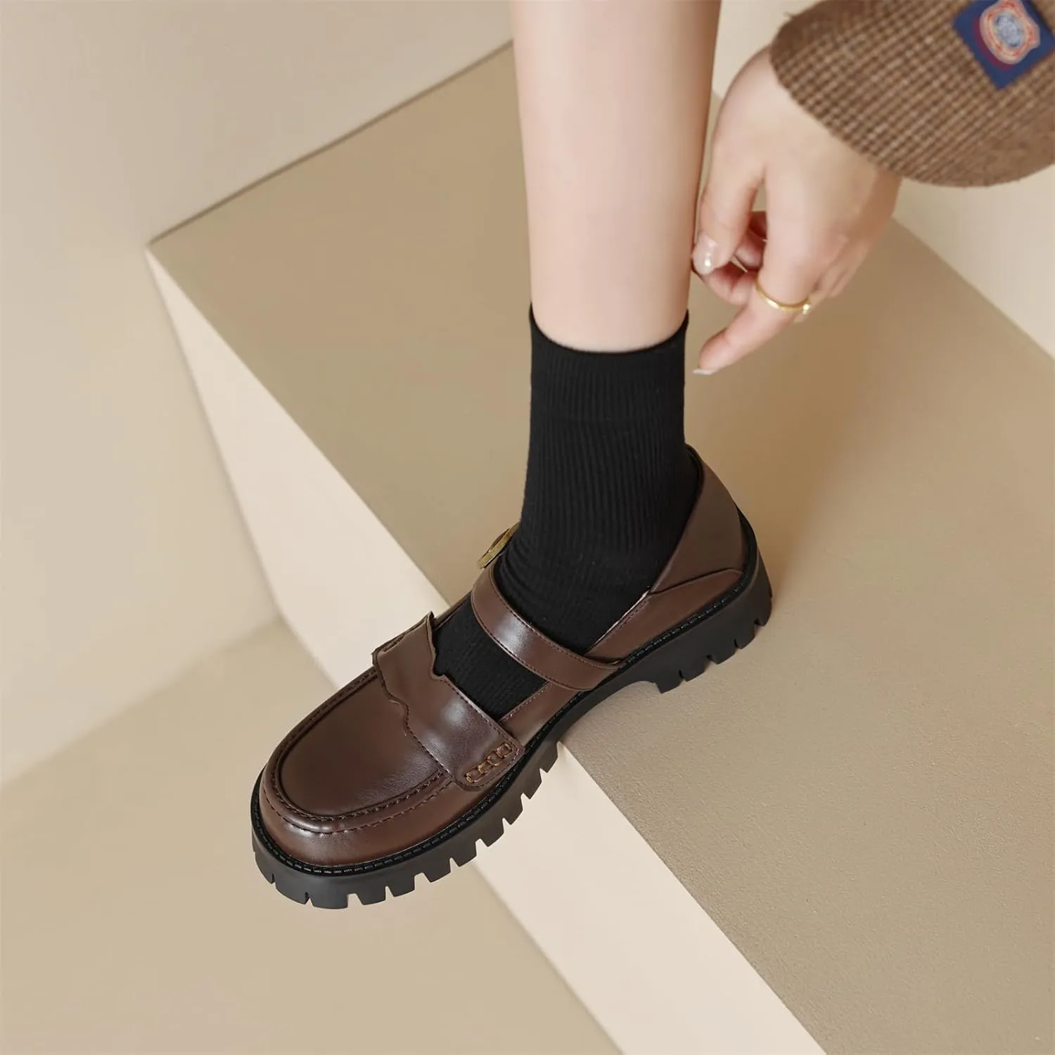 Women's Platform Round Closed Toe Pump Loafers Adjustable Buckle Comfortable Chunky Mid Heel Office Work Casual Fashion Business Dress Shoes All Weather Daily Wear Flats