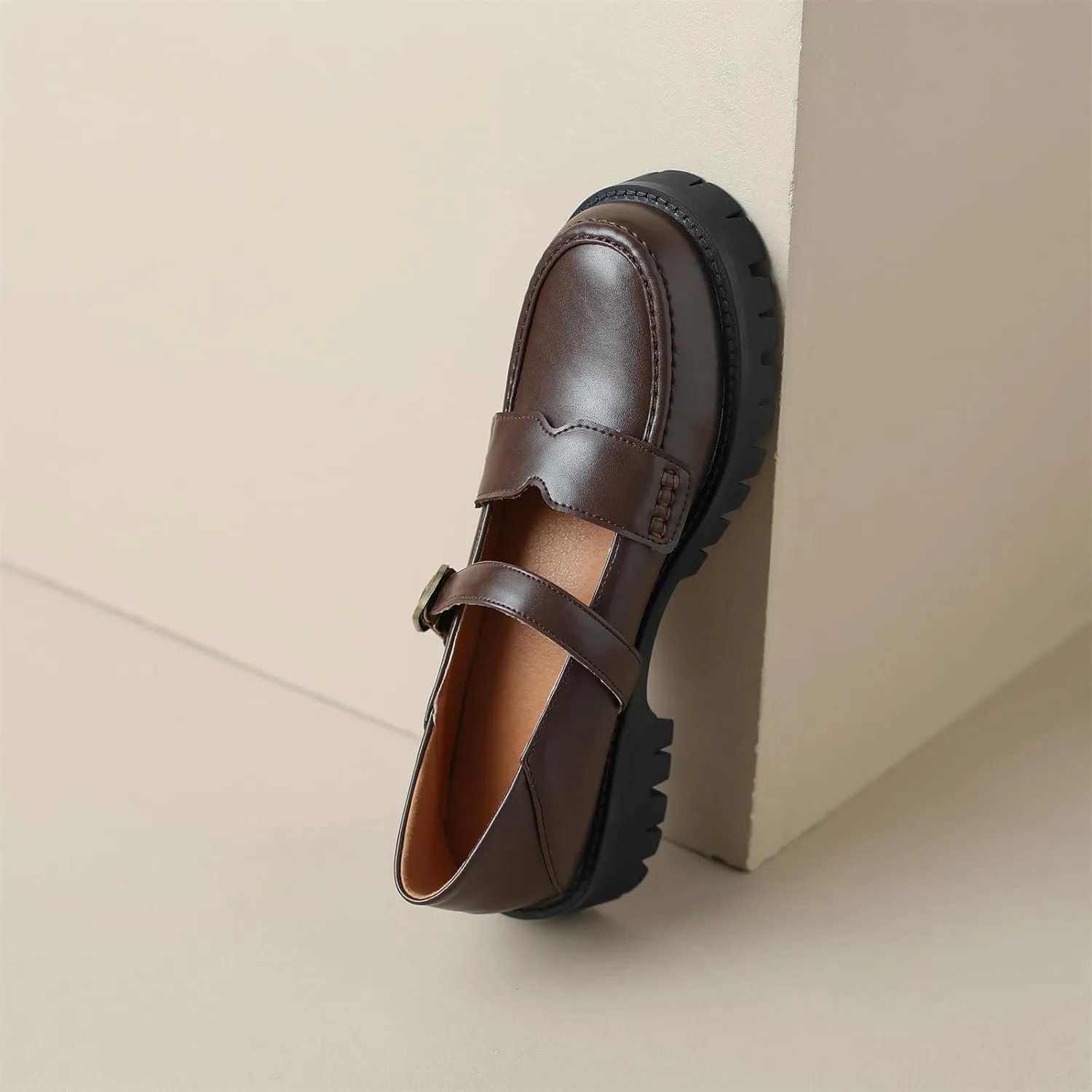Women's Platform Round Closed Toe Pump Loafers Adjustable Buckle Comfortable Chunky Mid Heel Office Work Casual Fashion Business Dress Shoes All Weather Daily Wear Flats
