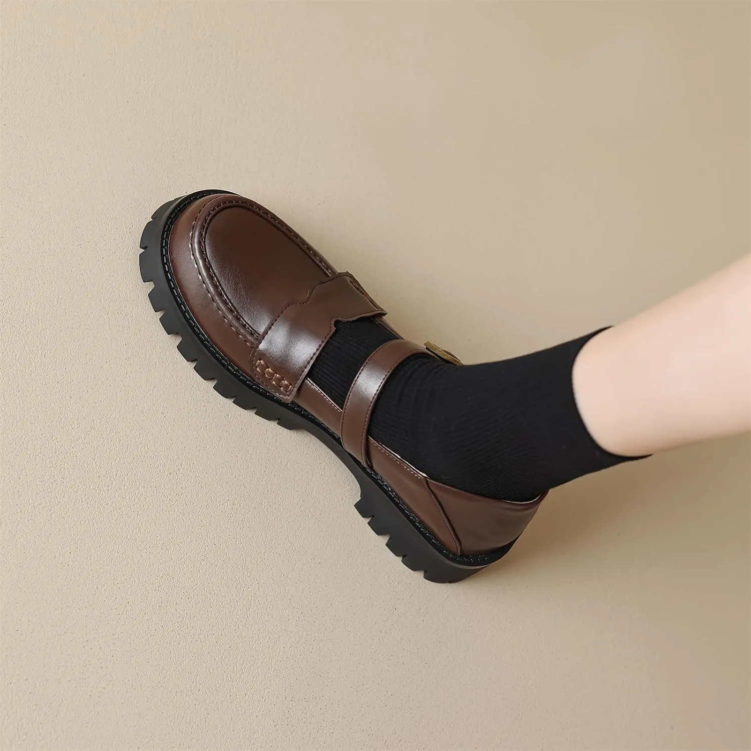 Women's Platform Round Closed Toe Pump Loafers Adjustable Buckle Comfortable Chunky Mid Heel Office Work Casual Fashion Business Dress Shoes All Weather Daily Wear Flats